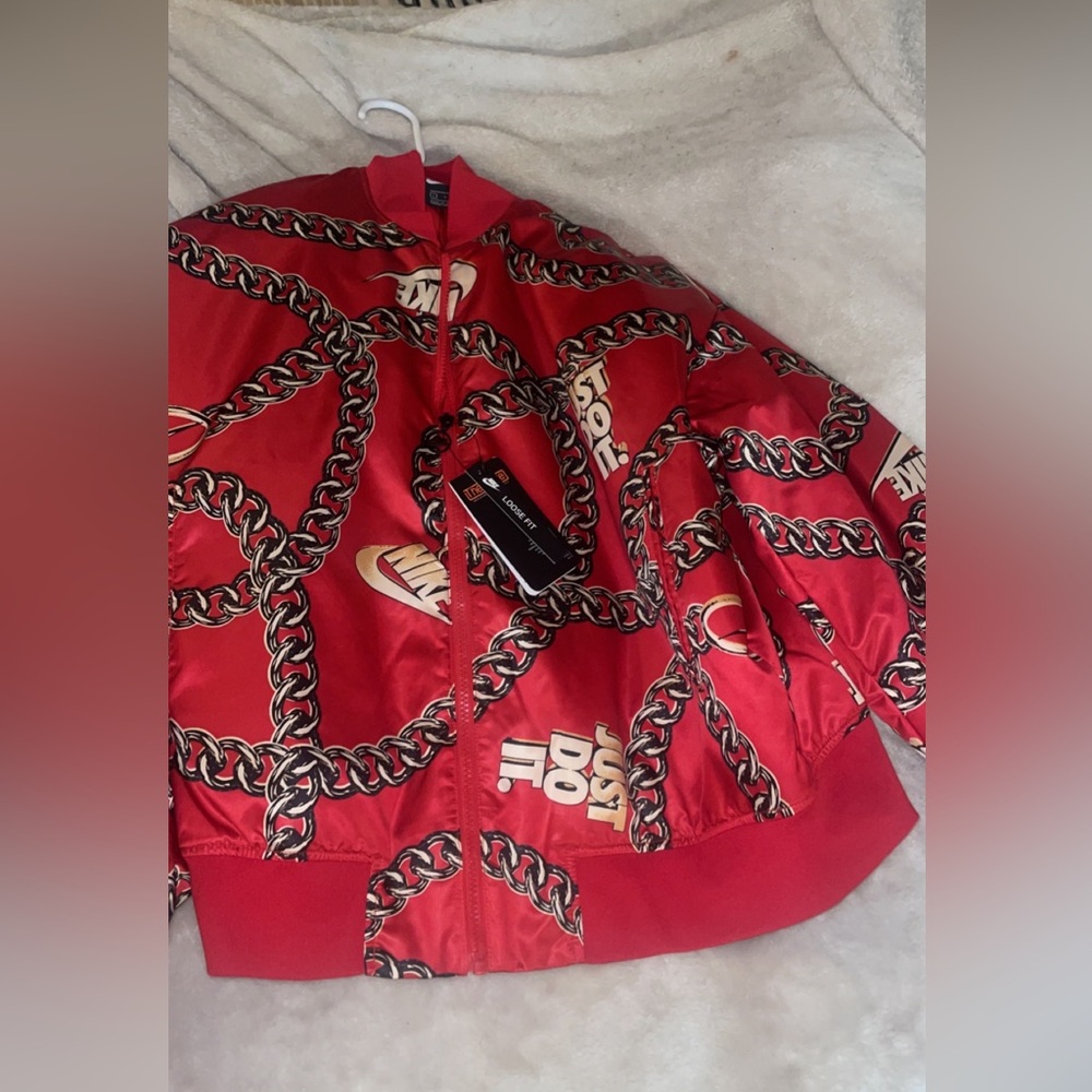 Nike glam dunk, red and gold chain bomber jacket